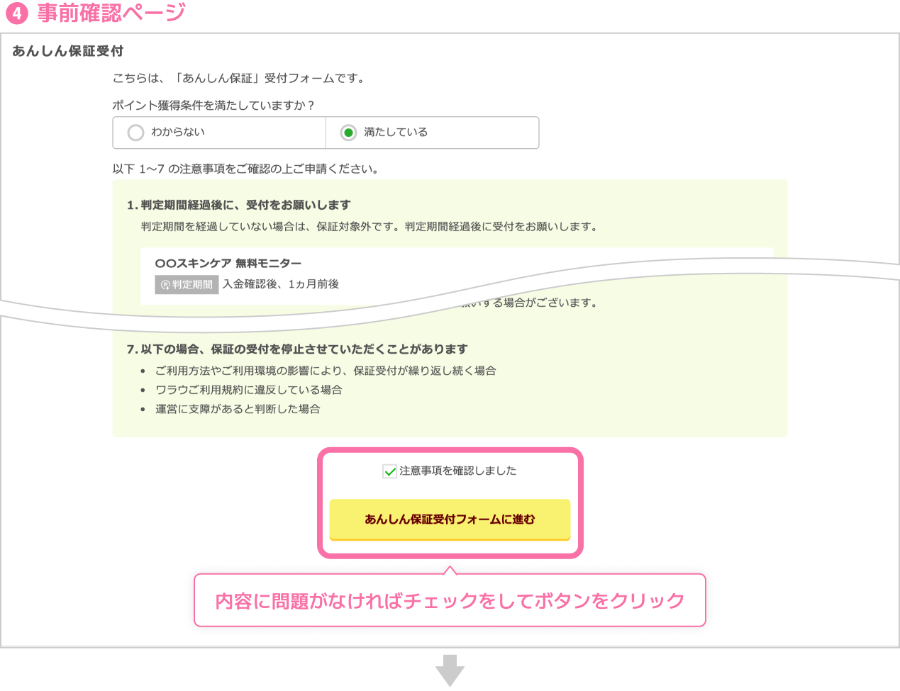 事前確認ページ 内容に問題がなければチェックをしてボタンをクリック