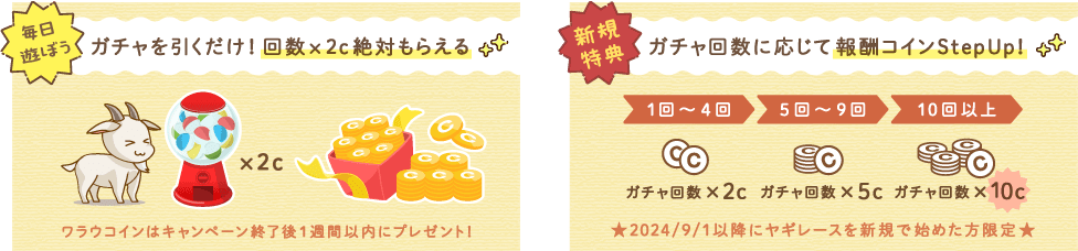 「ヤギガチャ」を引いた回数×2コインをプレゼント！&【最大210c獲得】ヤギレース9月〜10月新規プレイヤー限定ボーナス